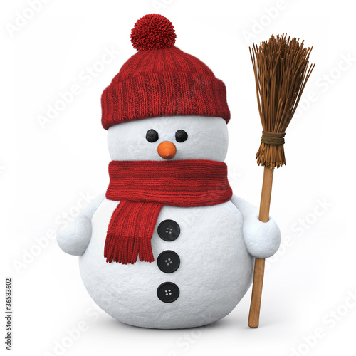 Snowman with woolen hat and broom photo