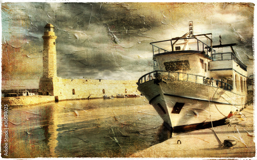 light house in Rethimno harbor - artwork in retro style