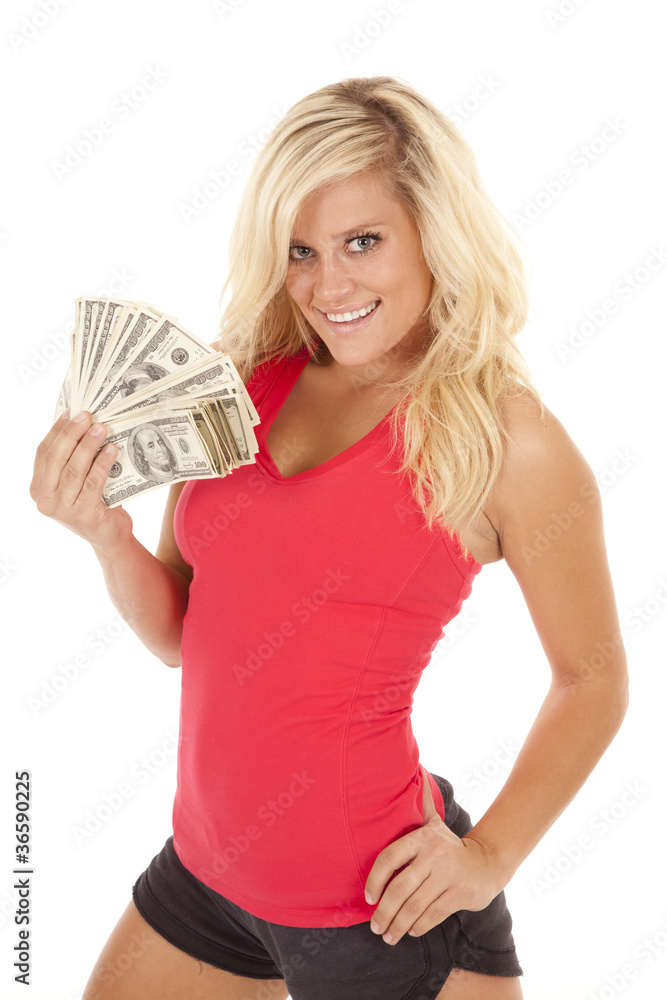 woman red top money smile woman red top money smile
