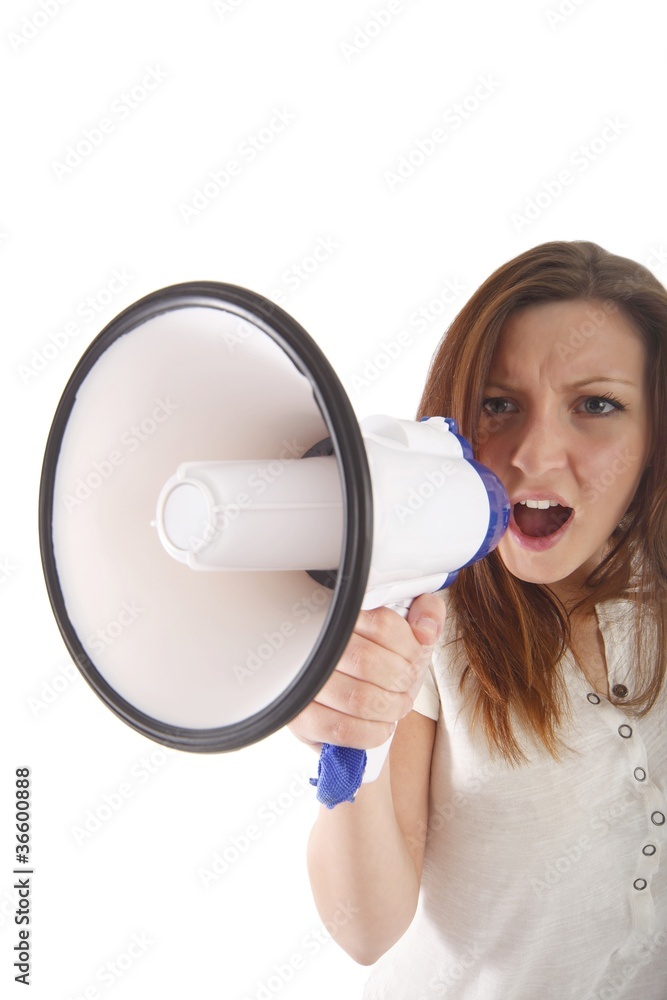 woman with megaphone - wide angle (white background) woman with megaphone - wide angle (white background)