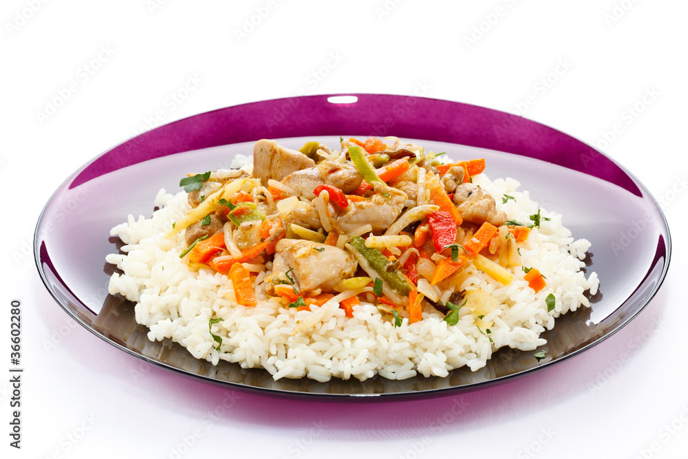 Asian food - chicken with vegetables and rice Asian food - chicken with vegetables and rice