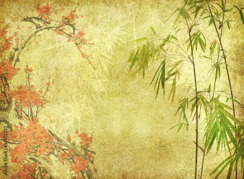 bamboo and plum blossom on old antique paper texture . © xiaoliangge