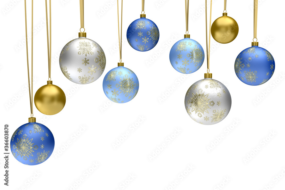 Christmas balls hanging isolated on white background