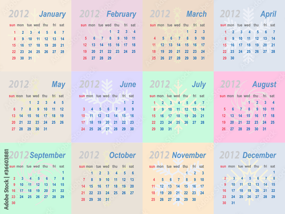 Vector calendar 2012 (week starts on Sunday) Vector calendar 2012 (week starts on Sunday)