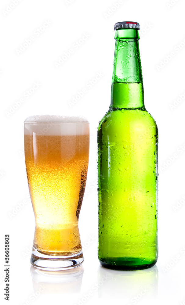 Isolated Glass and Green bottle of beer on a white background Isolated Glass and Green bottle of beer on a white background
