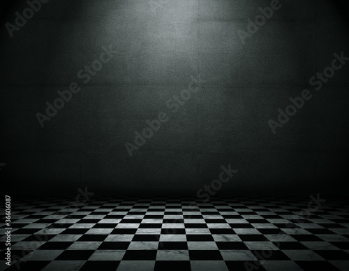 Tableau sur toile Grunge empty interior with checkered marble floor