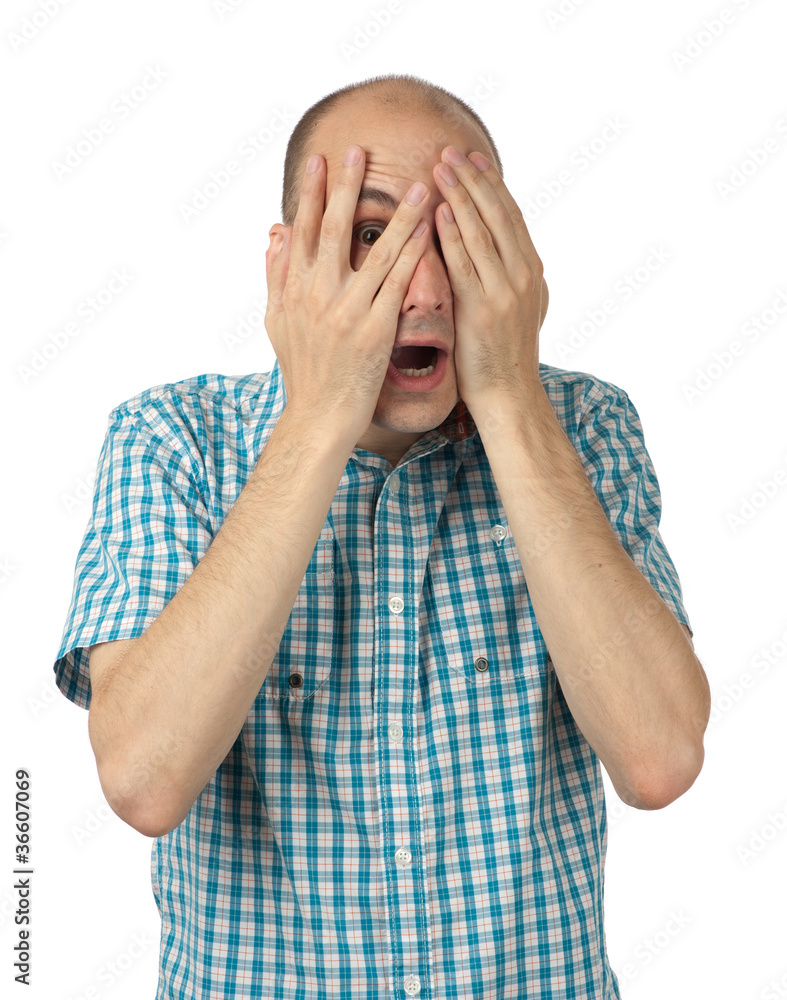 man feeling fear with open mouth and closing eyes with hands Stock ...