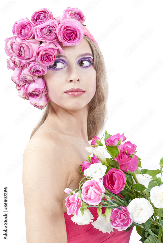 Naklejka premium young beautiful woman with pink flowers