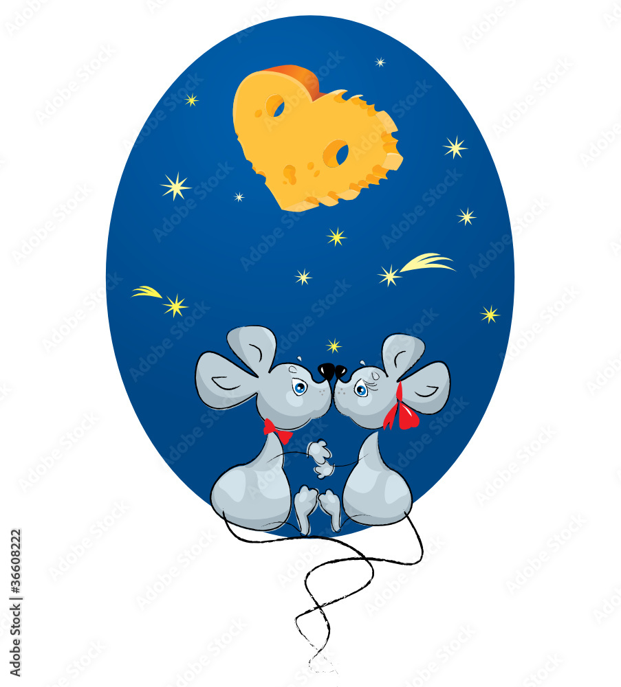 Valentine`s Day concept:  Mouse couple under a cheese moon