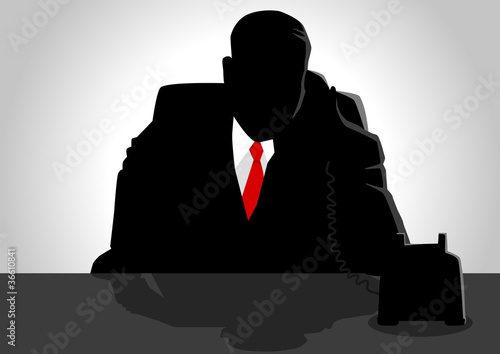 Silhouette illustration of a man figure using a telephone