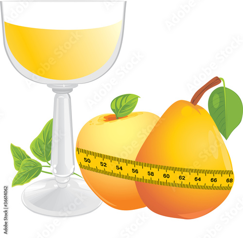 Glass with juice, fruits and measuring tape