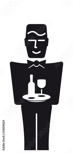 Butler mit Weinglas und Weinflasche auf Tablett