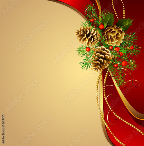 festive background with Christmas fir tree and cones