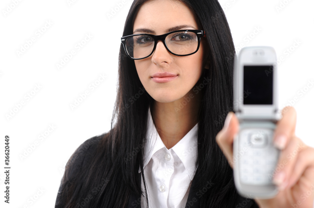 A lovely young woman with glasses showing mobile phone A lovely young woman with glasses showing mobile phone