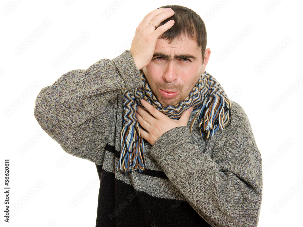 Sick man wearing a scarf on a white background. Sick man wearing a scarf on a white background.