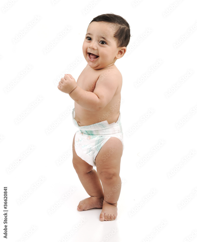 picture of standing baby boy in diaper over white picture of standing baby boy in diaper over white