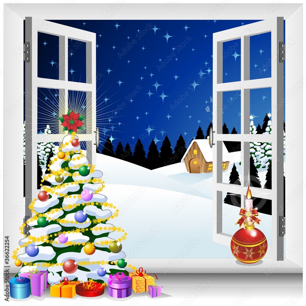 Natale Paesaggio Finestra Aperta-Window on Christmas Landscape Stock Vector  | Adobe Stock
