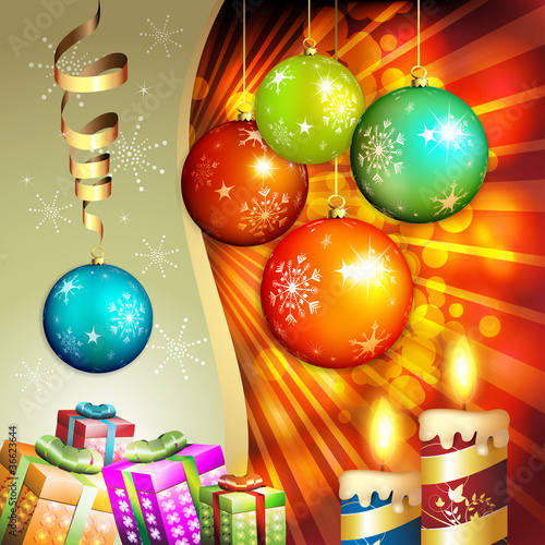Christmas ball with gifts and candle