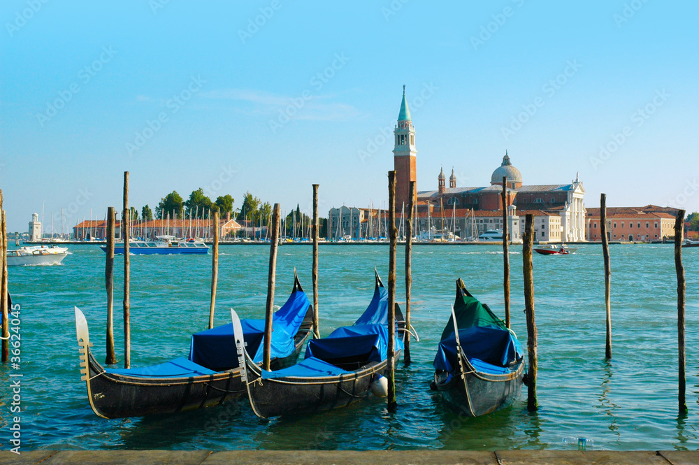 Gondolas with St Georges Island  in Venice Italy