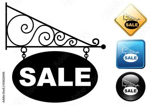Old sign with text SALE and icons
