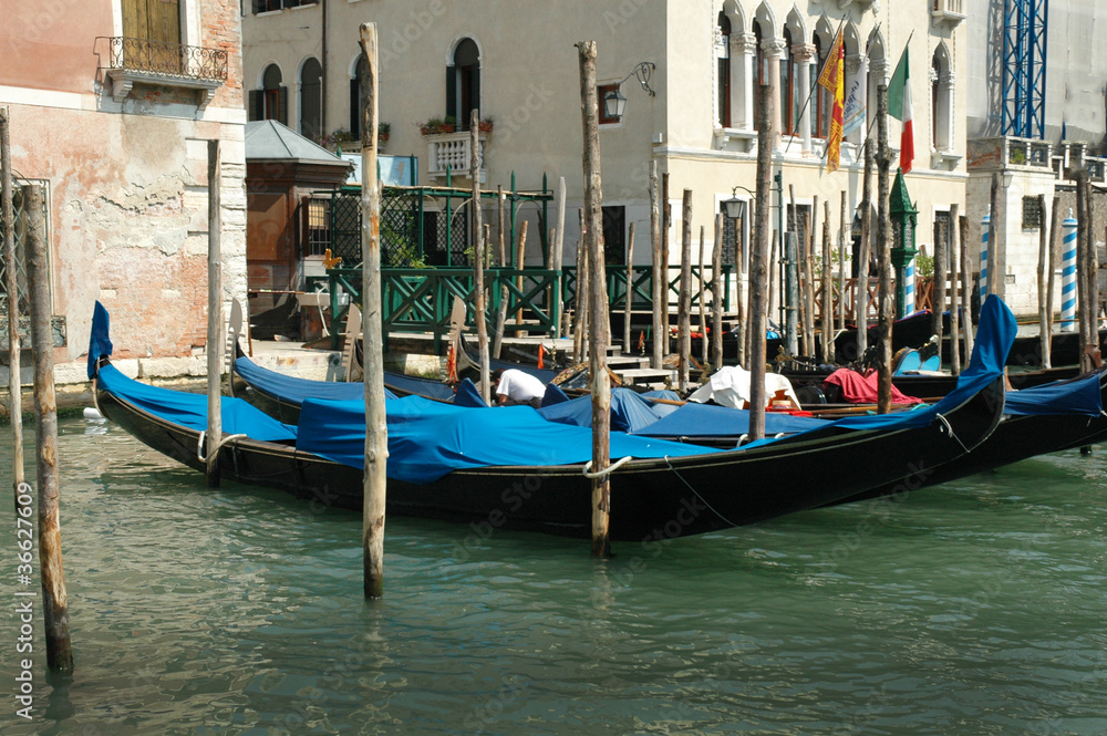 Gondolas moored on the Grand Canal in Venice Italy
