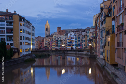 old town of Girona at night, Spain