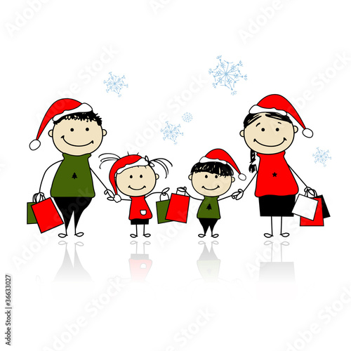 Christmas gifts. Family with shopping bags
