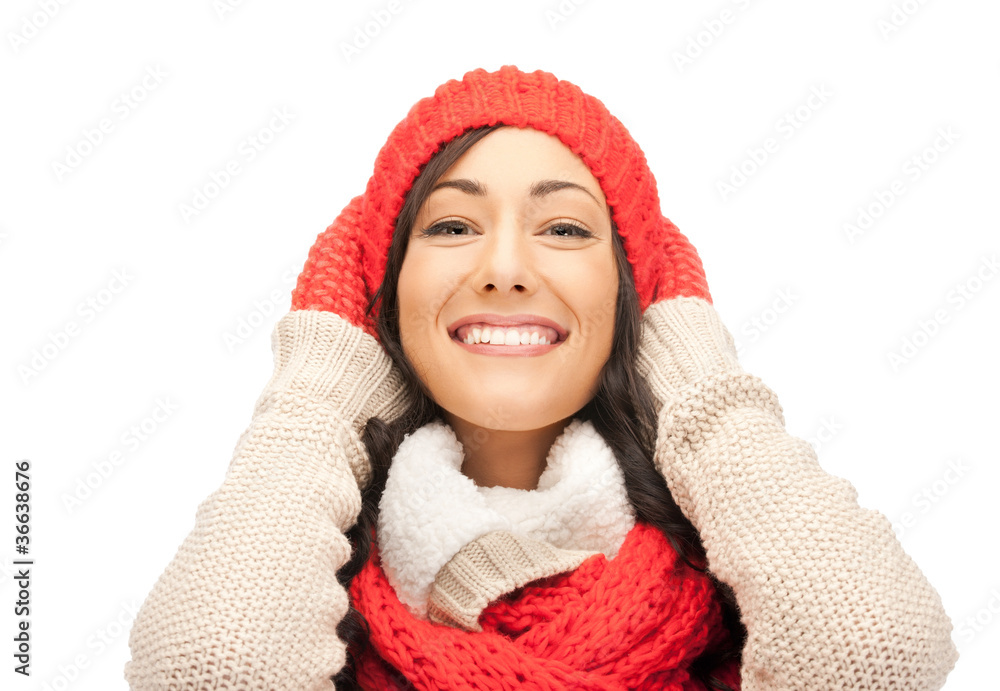 beautiful woman in hat, muffler and mittens beautiful woman in hat, muffler and mittens