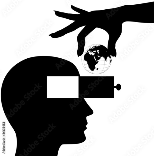 Hand world into male head open mind drawer
