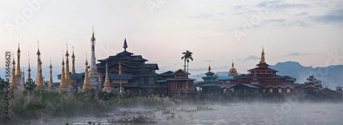 Slika na platnu Ancient pagoda and monastery on Inle lake, Myanmar