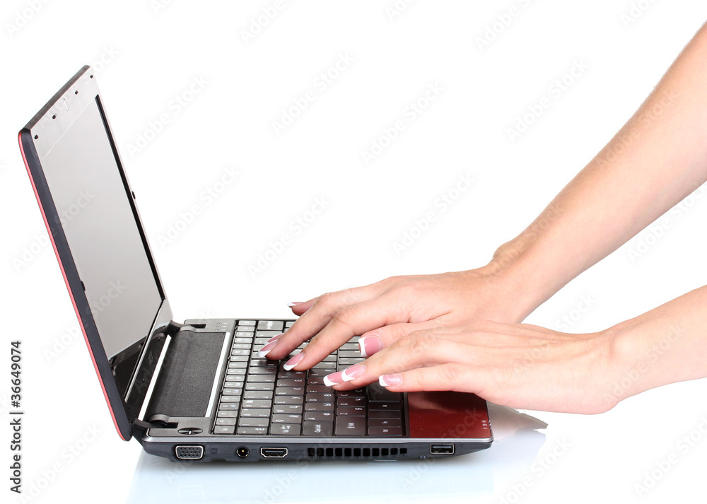 new laptop and woman hands isolated on white new laptop and woman hands isolated on white