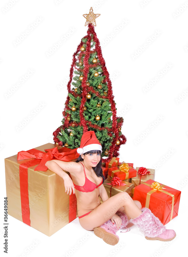 Mrs. Santa with gift boxes and Christmas tree.... Mrs. Santa with gift boxes and Christmas tree....