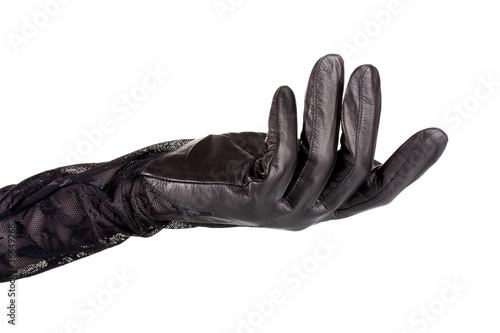 women hand in black leather glove isolated on white photo