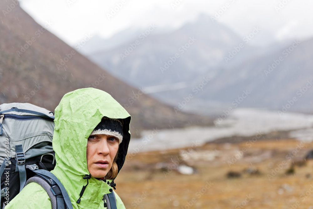 Woman hiking in Himalaya Mountains Woman hiking in Himalaya Mountains