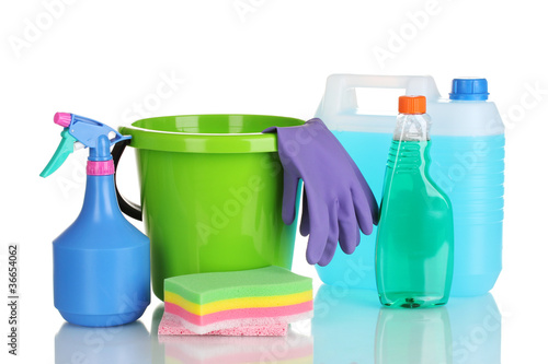 canister, detergent bottles with liquid and bucket isolated