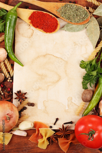 old paper for recipes and spices on wooden table