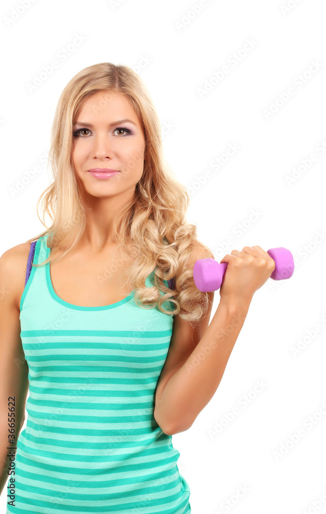 Beautiful girl with dumbbells isolated on white Beautiful girl with dumbbells isolated on white