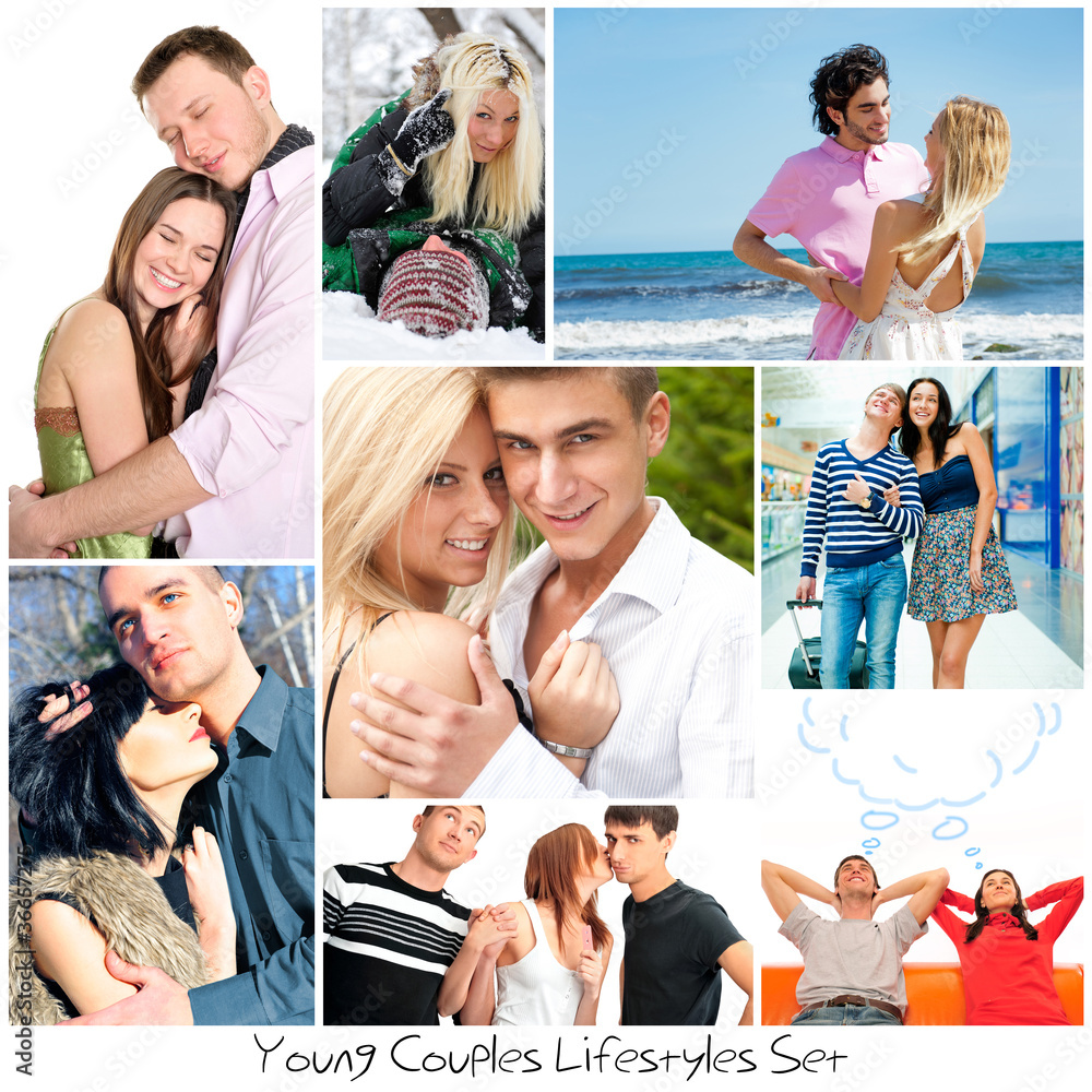 Set of different photo. Different couples in different places an Set of different photo. Different couples in different places an