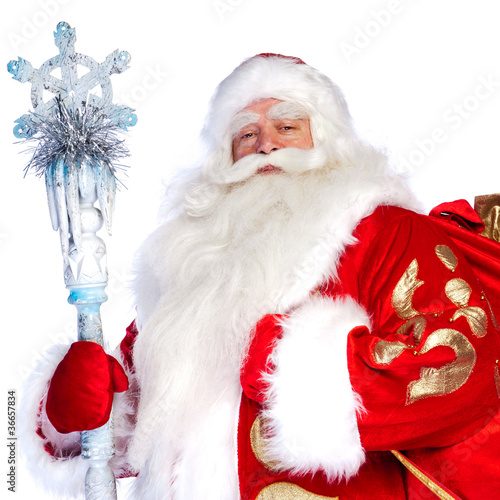 Quadro em tela A traditional Christmas Santa Clause with staff isolated on whit