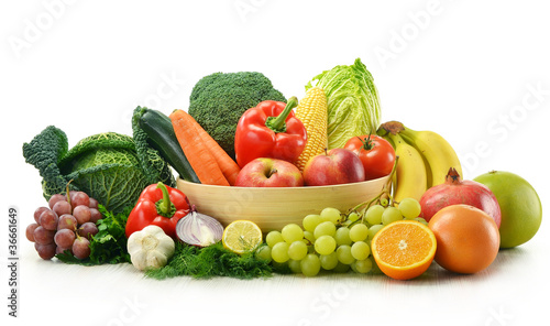 Composition with vegetables and fruits isolated on white