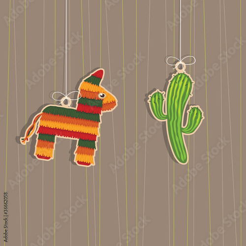 Mexican hanging decorations vector clipart pinata cactus with copy space on brown background