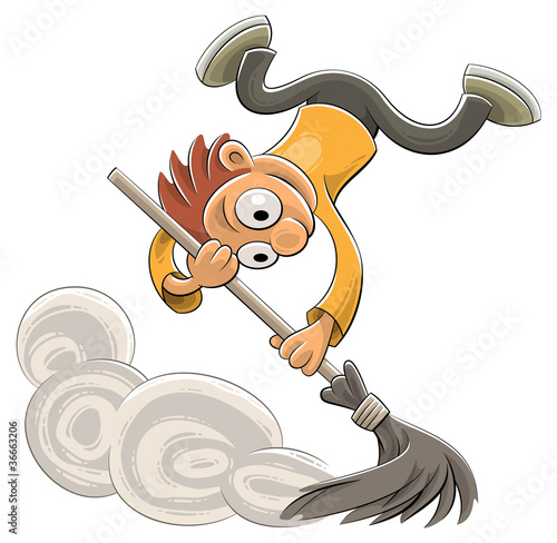 Happy cleaner sweeping dust with a broom