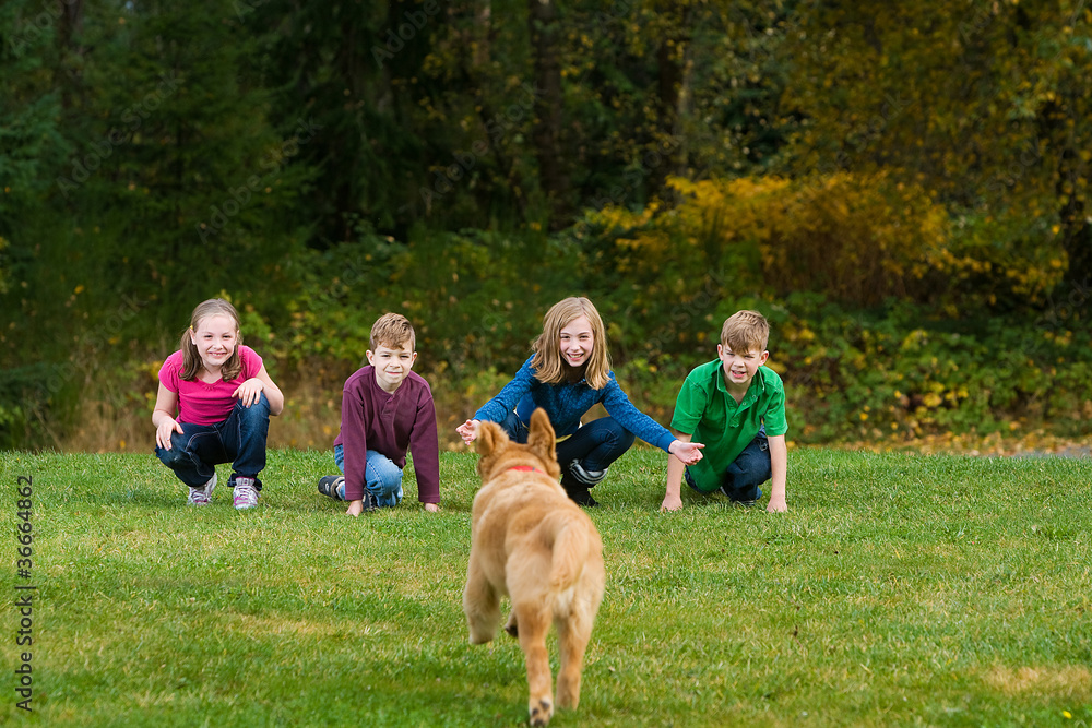 Obraz premium Group of children with a dog running towards them