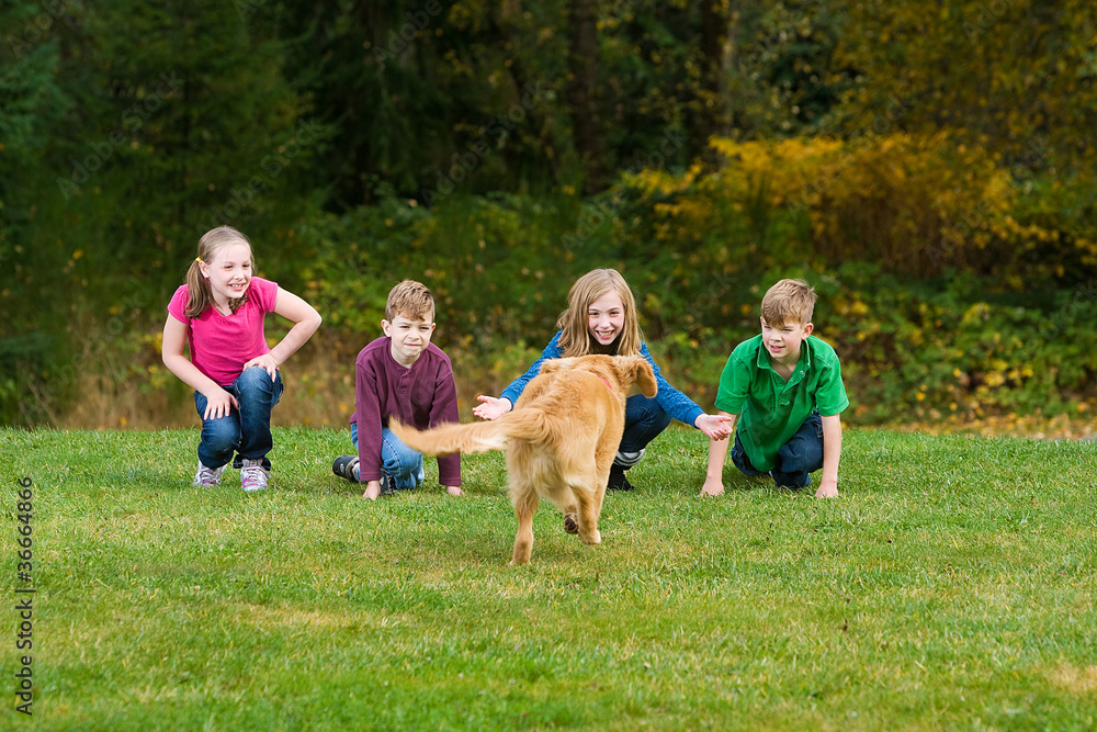 Obraz premium Kids calling a dog