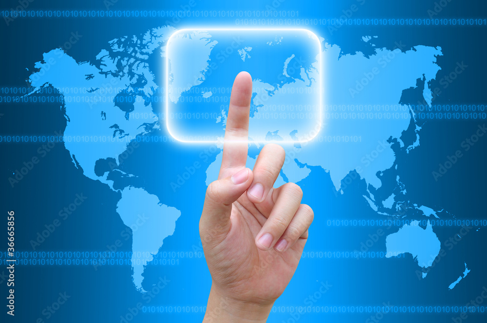 hand pressing a button on a touch screen interface hand pressing a button on a touch screen interface