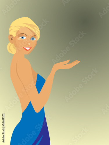 Vector illustration of a blonde girl in blue dress