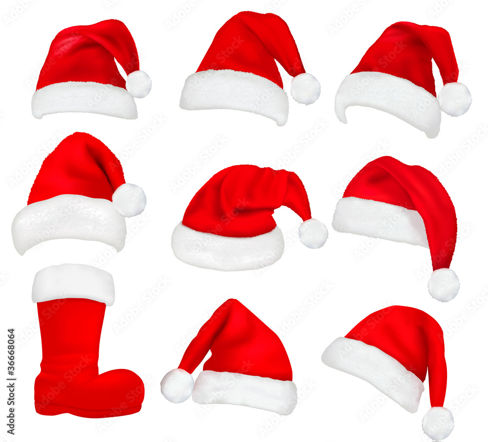Big set of red santa hats and boot. Vector illustration. Big set of red santa hats and boot. Vector illustration.