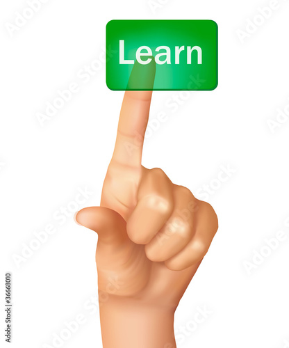 A finger pushing learn button. Vector illustration.