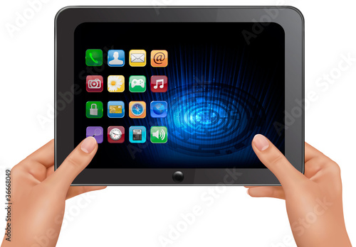 Hands holding digital tablet computer with icons