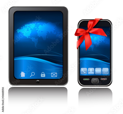 A tablet computer and mobile phone with blue background. Vector.